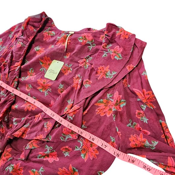 Floral Wrap Ruffle Blouse V-Neck Long Sleeve Sheer Tie Waist Women's Top Size S - Picture 12 of 14